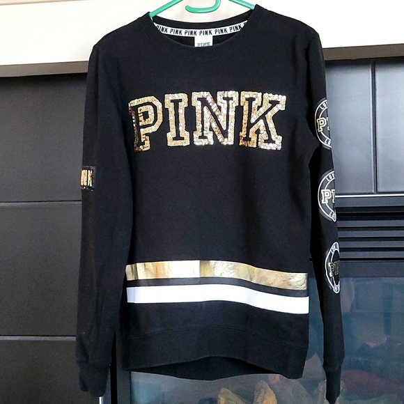 Pink Victoria Secret gold sequin black long sleeve top Size XS - Picture 1 of 11